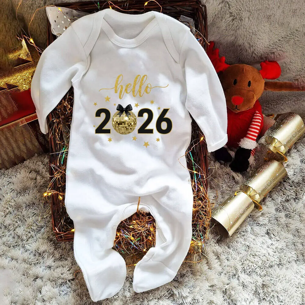 مرحبا 2026 سنة جديدة سعيدة Babygrow بلدي أول السنة الجديدة رومبير الشتاء الرضع ملابس النوم السنة الجديدة القادمة المنزل الزي