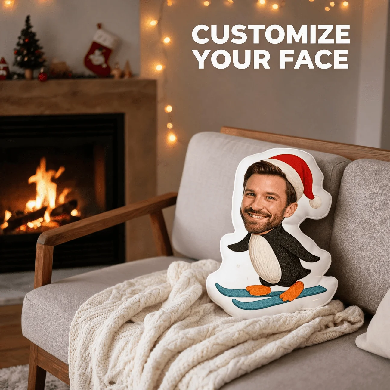 Custom Photo Face Pillow, Funny for Man in Santa Hat Penguin Skiing Body Custom Shaped Decorative Cushion, Novelty Gift for Adul