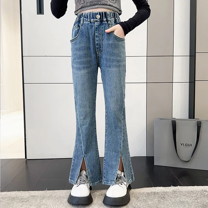 Girls' Spring Denim Jeans, Trendy Slimming Bell-Bottom Pants, Children's Tween Clothing Stretch Casual Denim Long Pants