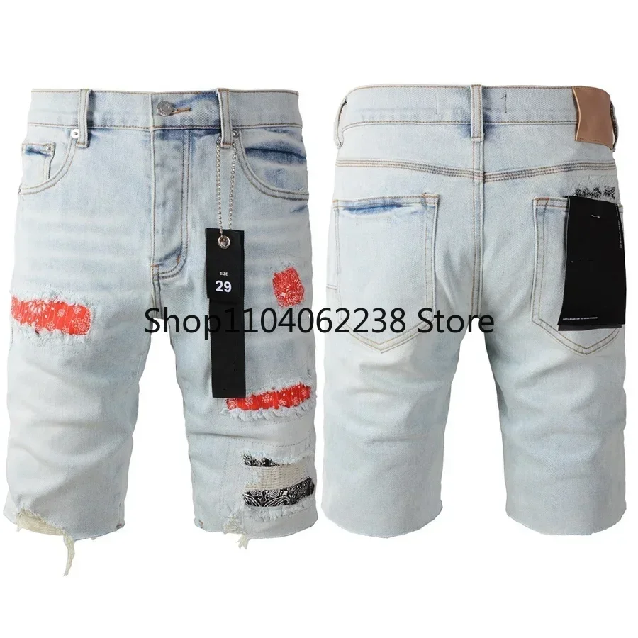 

Top quality New Purples Jeans Shorts Men Trendy Elastic Edged Middle Pants Irregular light Blue Color Washed Denim brand pants