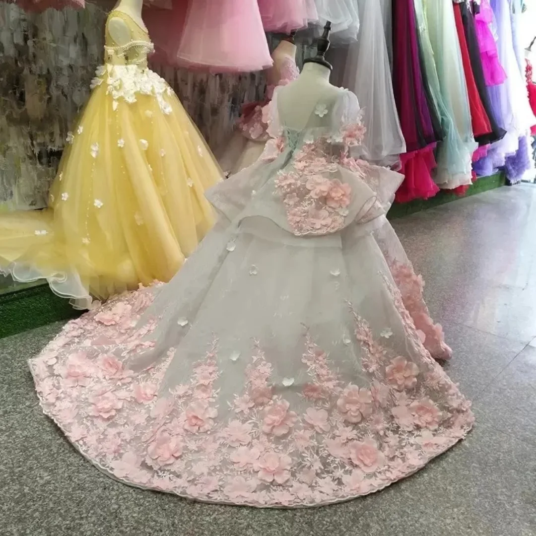 Customized Pink Flower Girl Dress for Wedding Floral Lace Appliques Floor Length Kids Birthday Party First Communion Ball Gowns
