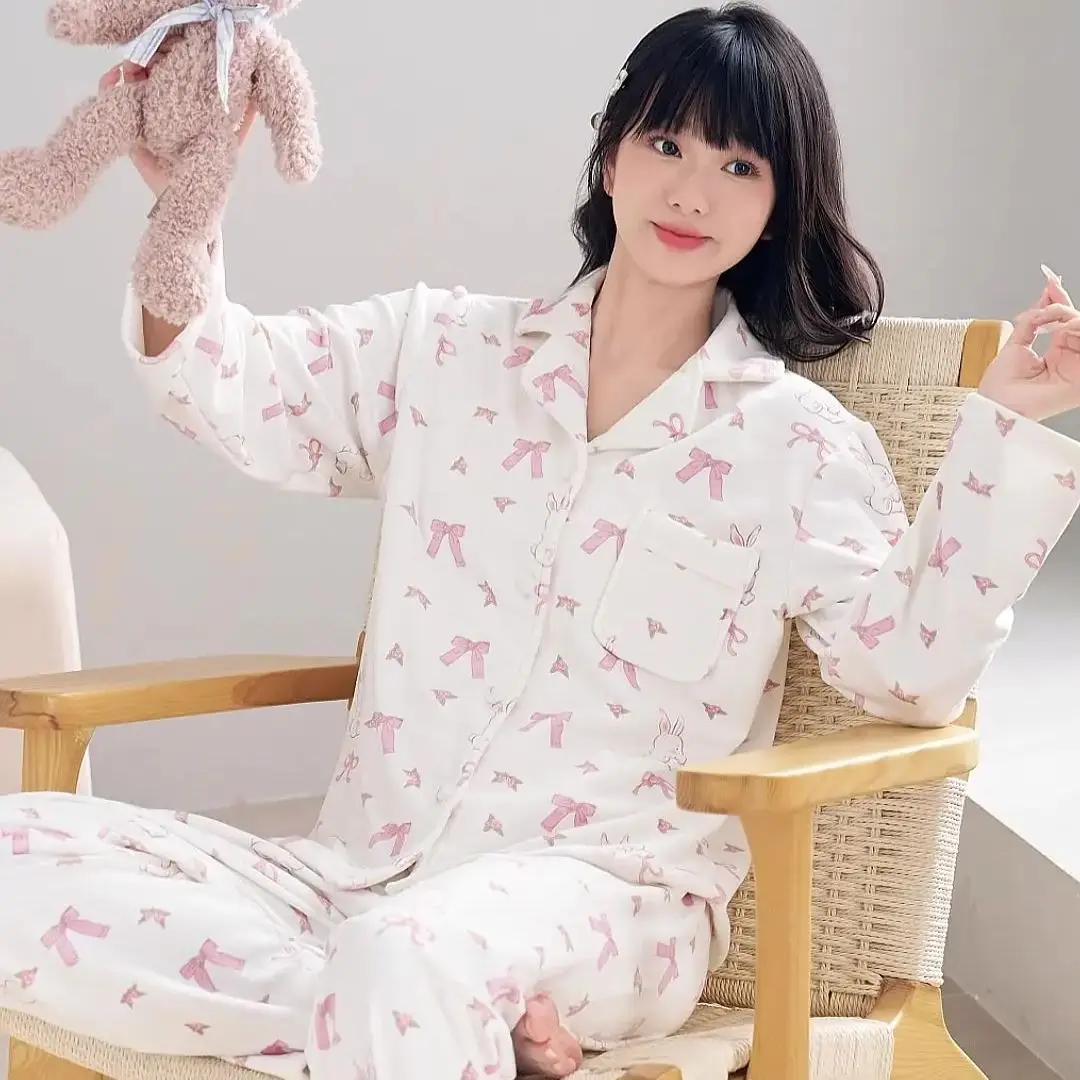 Autumn Winter Warm Island Velvet Bow Print Sweet Girl\'s Pajamas Long Sleeve Trousers Sleepwear 2 PCS Nightwear Home Clothes