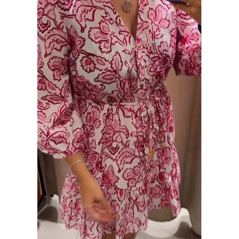 

Floral Print V-Neck Long Sleeve Mini Dress Vintage Casual Chic Women's Fashion Spring Summer Holiday 2025