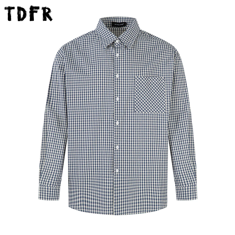 

Small Plaid Long Sleeve Shirts Mens Pocket Retro Casual Autumn Loose Single Breasted Lapel Cotton Shirts Man