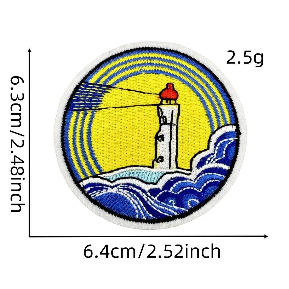 Cartoon Nature Scenery Embroidered Circle Patch Sea Waves Applique Mountain River Forest Iron Ons Sunrise Badge for Outdoor Wear