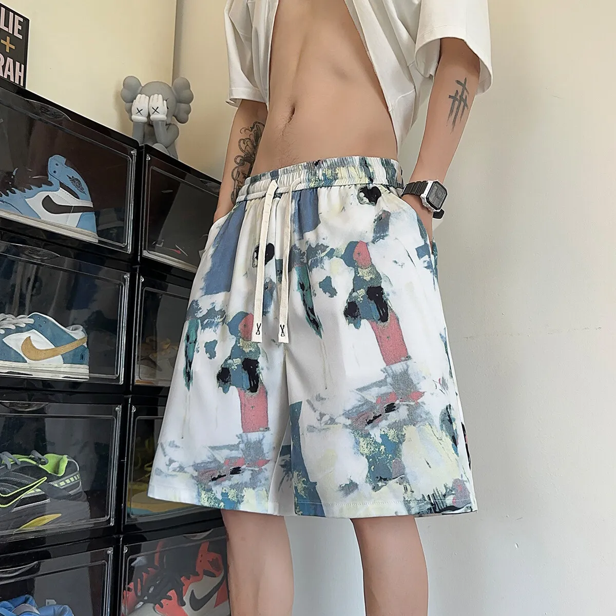 Men's plus Size M-XXXXXL Casual Shorts Chinese Ink Painting Print 5-Inch Breathable Quick-Dry Summer Streetwear Beachwear