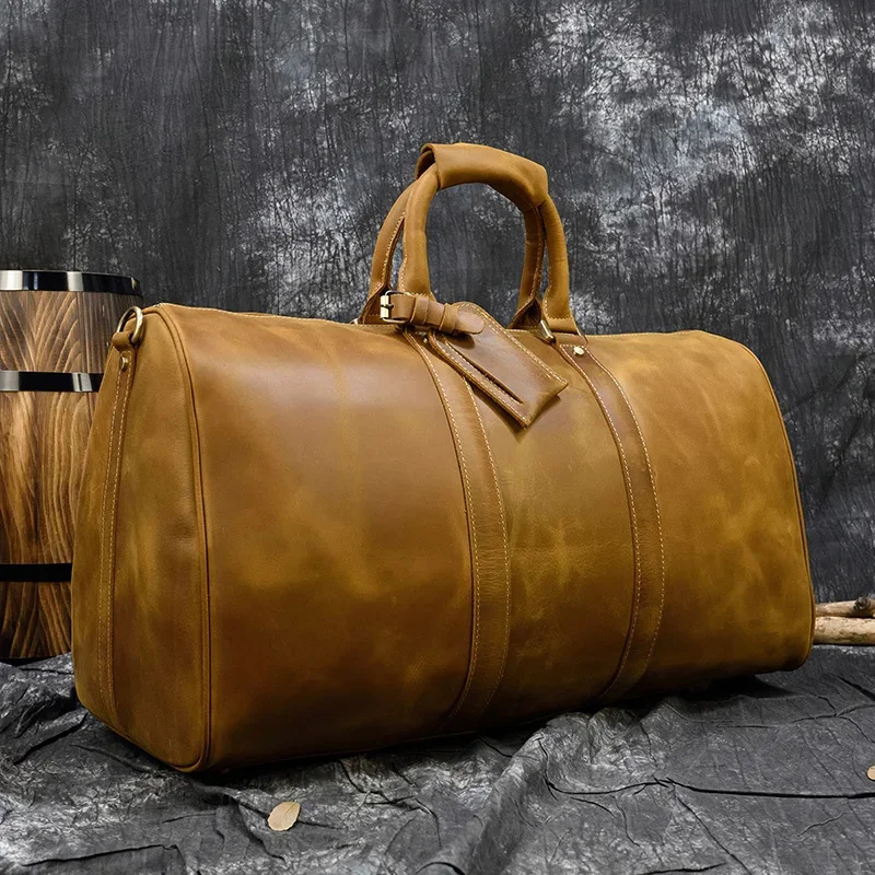 

Men Vintage Crazy Horse Leather Travel Bag Big Real Weekend Zip Around Cow Duffle Hand Luggage