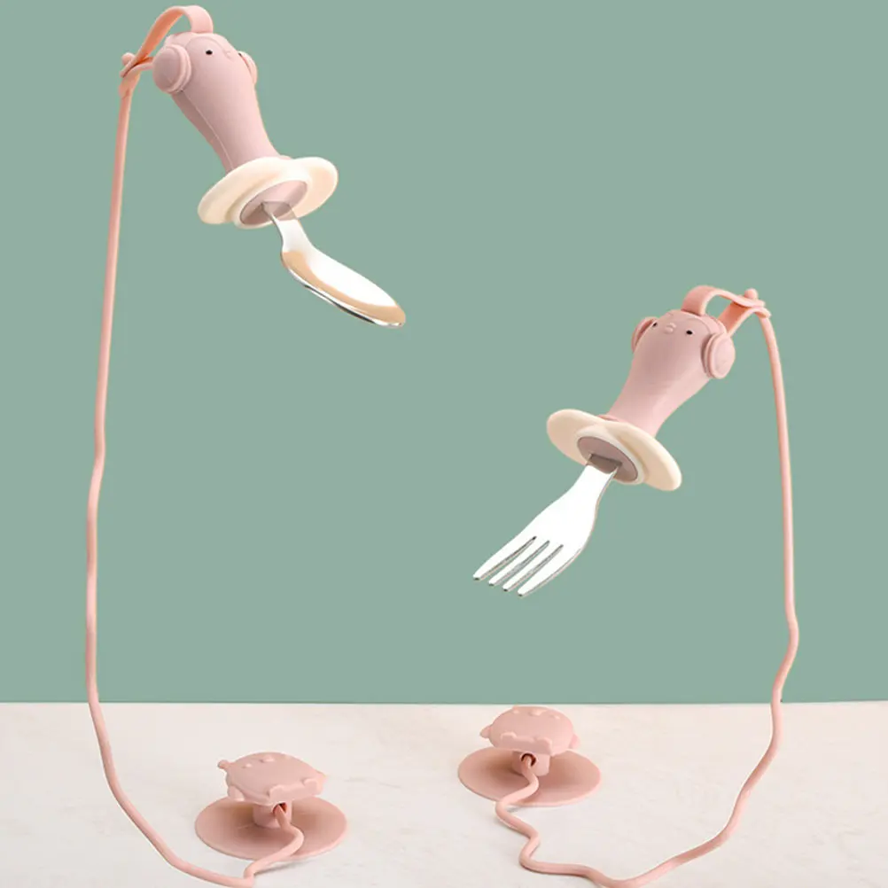 

1Set Kids Utensils Fork and Spoon Set Self Feeding Suction Cup Chain Baby Silicone Spoons Stainless Steel Toddler Dining Set