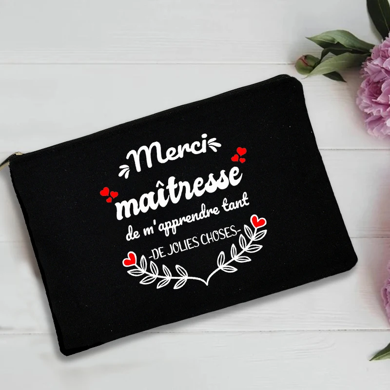 French Print Thank You Mistress Black Wristlet Clutch Bag Merci Maîtresse Teacher\'s Storage Bag Travel Wash Pouch Teacher Gifts