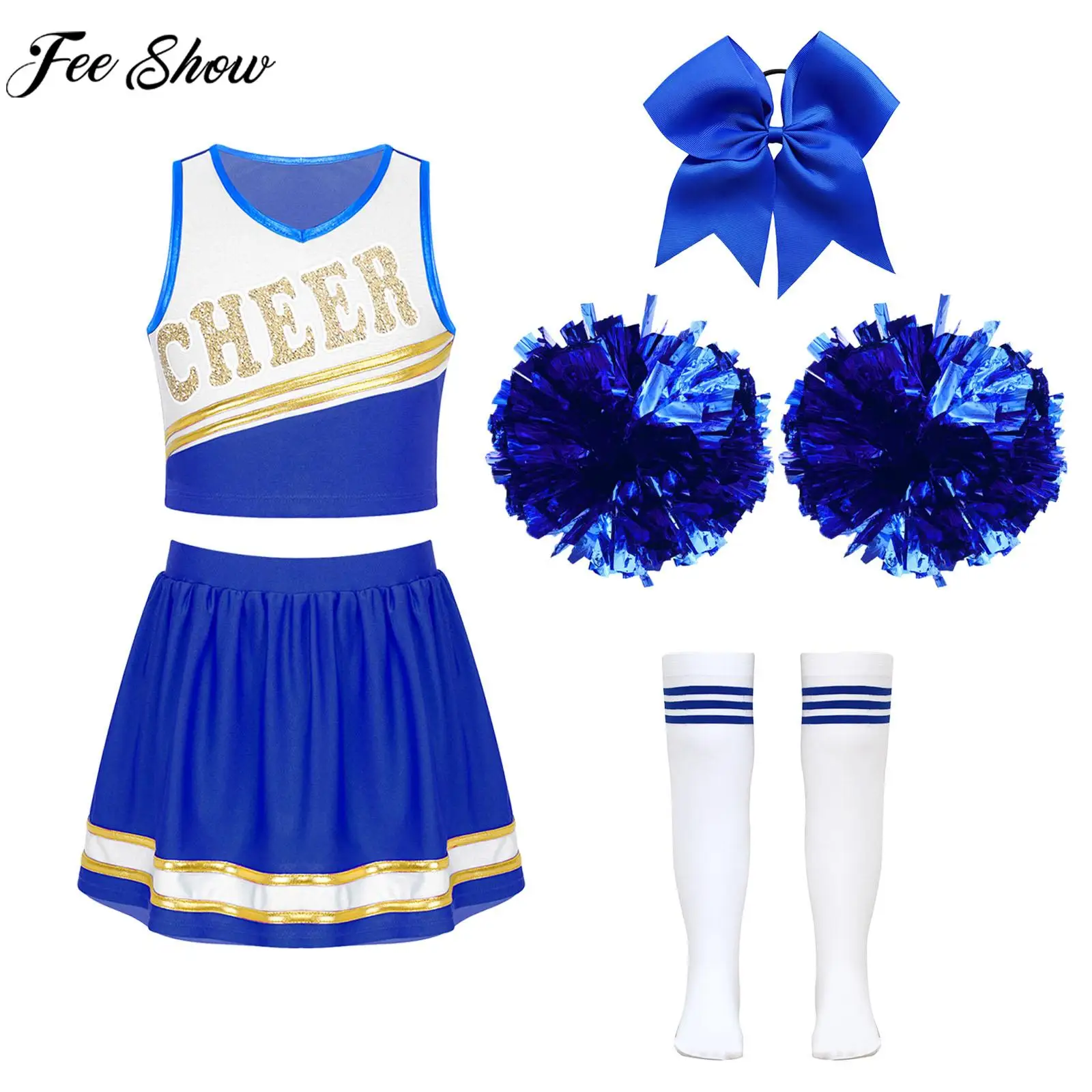 Children Girls Cheerleading Outfits Crop Top Skirt Headwear Flowers Socks Schoolgirl Cheer Jazz Dance Sports Meeting Costume