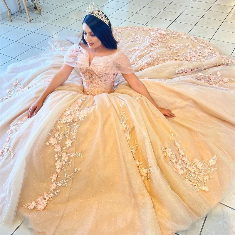 

Champagne Off The Shoulder Quinceanera Dresses Ball Gown Sleeveless Floral Appliques Lace Handmade Flowers Beads Sweet 15 Party