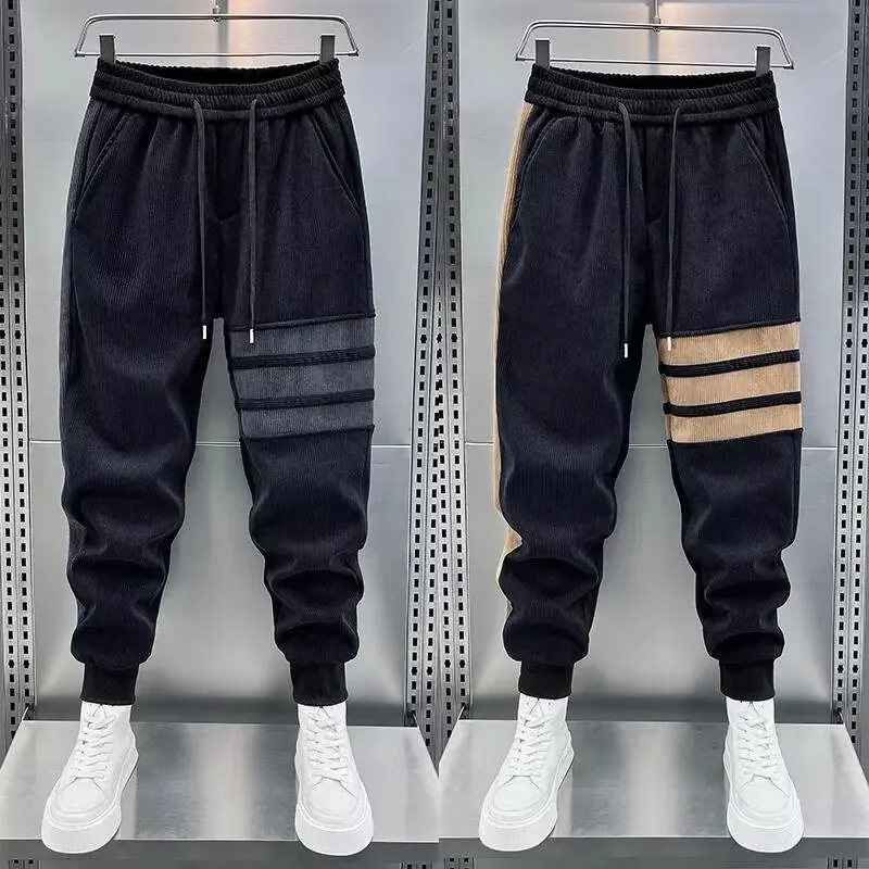 2024 Trendy Men's New Color Block Sports Pants Elastic Waist Plaid Casual Pants Harem Pants Striped