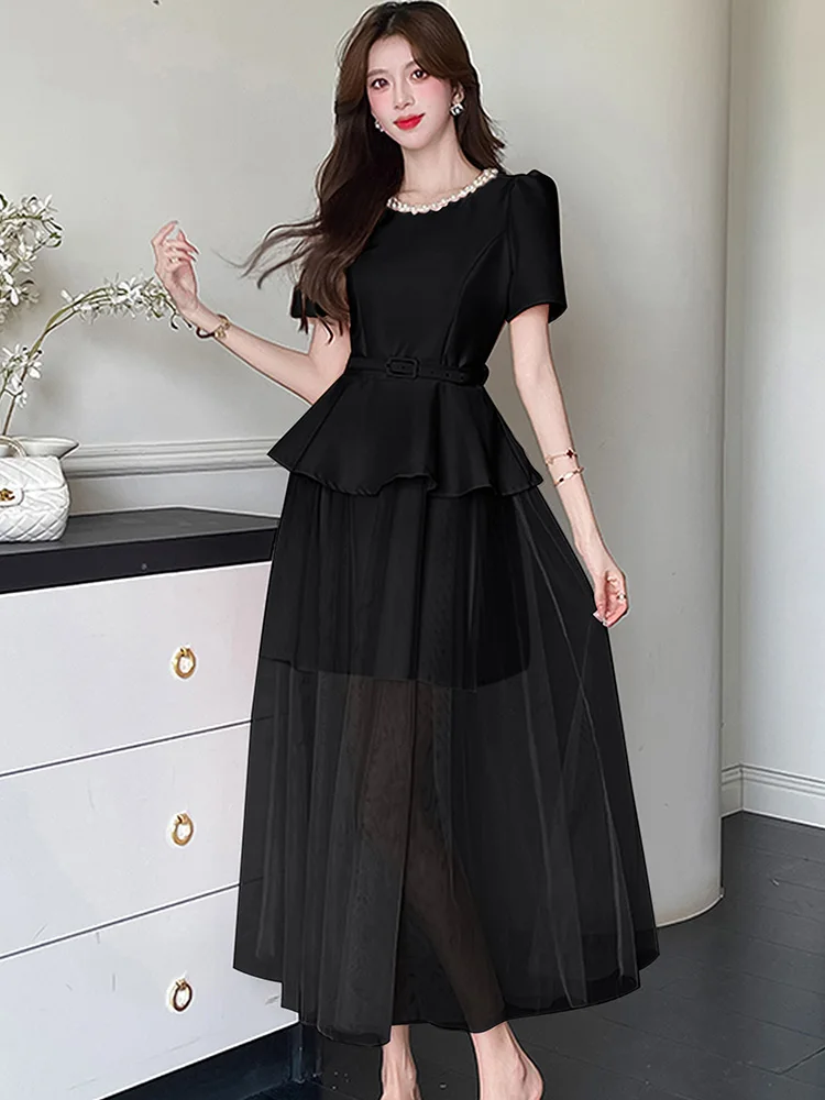 Women Pink Satin Patchwork Mesh Bandage Long Dress Summer Elegant Diamonds Luxury Dress 2025 Korean Vintage Party Evening Dress