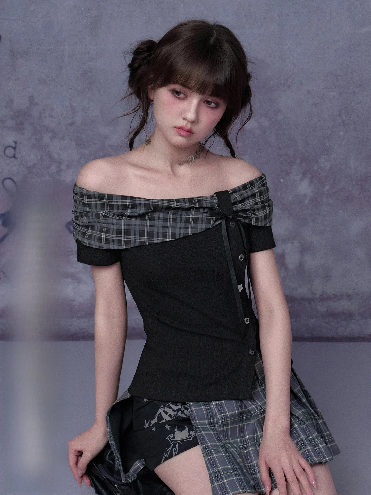 

SagiDolls Sweet Preppy Style Shirt Collar Top with Bow Knot Plaid Design Slimming Short Sleeve Women's T-shirt Casual Asymmet...