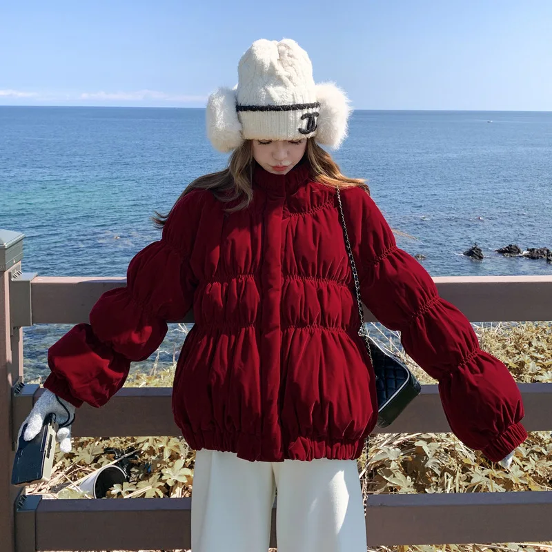 ベルベットスタンドカラーダウンジャケット レディース ショートスタイル 2025冬新作 ルーズ 無地 90%ホワイトダックダウン ブレッドジャケット