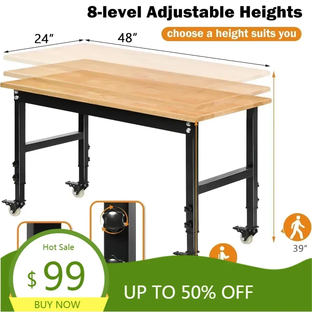 

Горячая распродажа: Прочный гаражный верстак с регулируемой высотой и металлическими колесами, подходит для тяжелых работ по дереву.