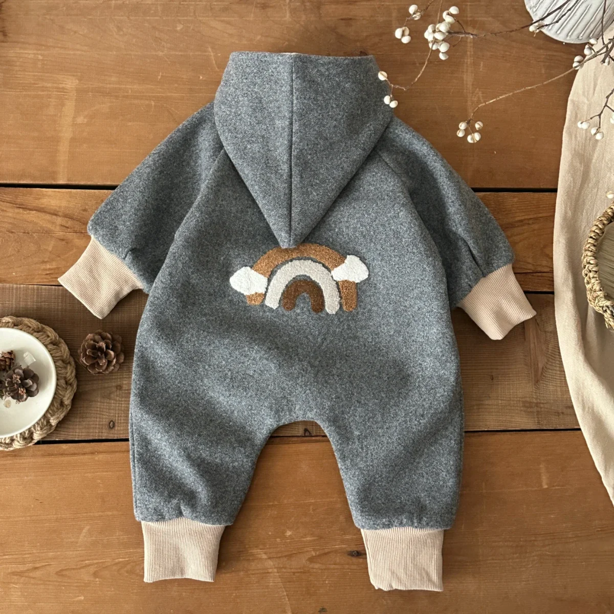 Newborn Baby Jumpsuit Rainbow Printed Woolen Crawling Suit Cute Hooded Winter Clothing Baby Newborn Items