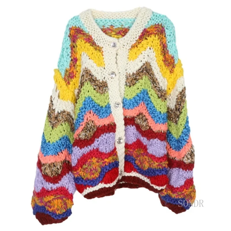 Women's Rainbow Striped Wool Knitted Cardigan, Round Neck Sweater, Lazy Oaf Coat, Winter Jacket, Autumn Coat