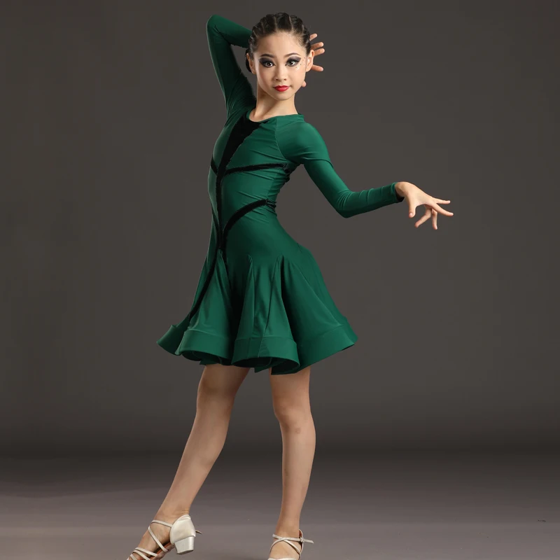 Children\'S Latin Dance Costume For Girls Ballroom Dance Professional Clothes Long Sleeved Latin Dance Dress Practice Wear SL8494