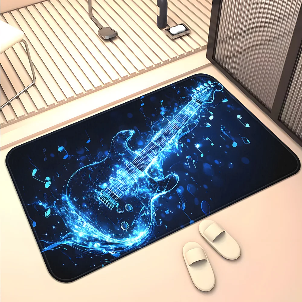 1pc 2D Flat Blue Electric Guitar Music Notes Neon Flannel Door Mat Non Slip Rock Band Rug For Entryway Studio Floor