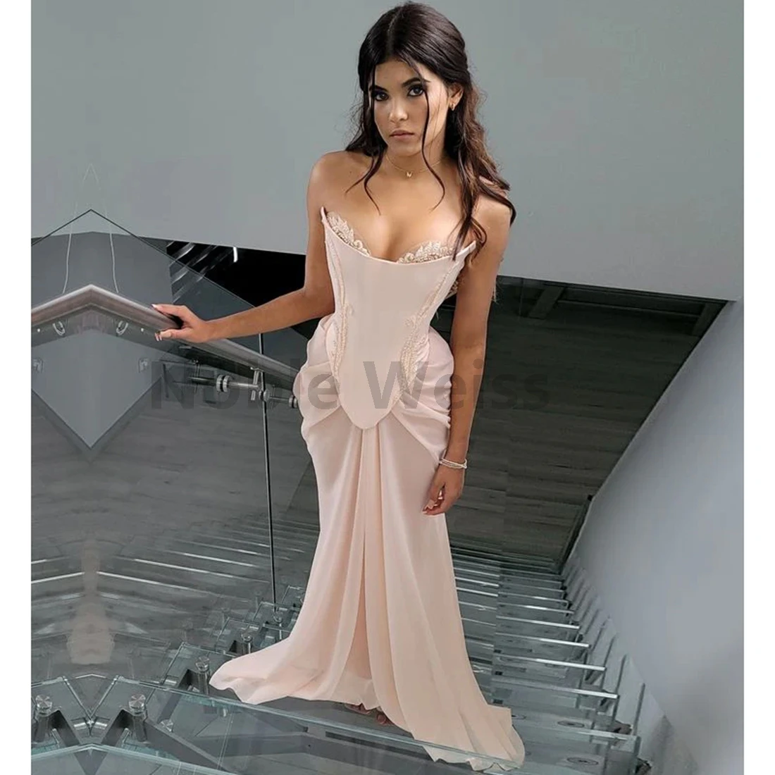 

Strapless Organza Prom Dresses Mermaid Long Pleat Evening Gowns Customize