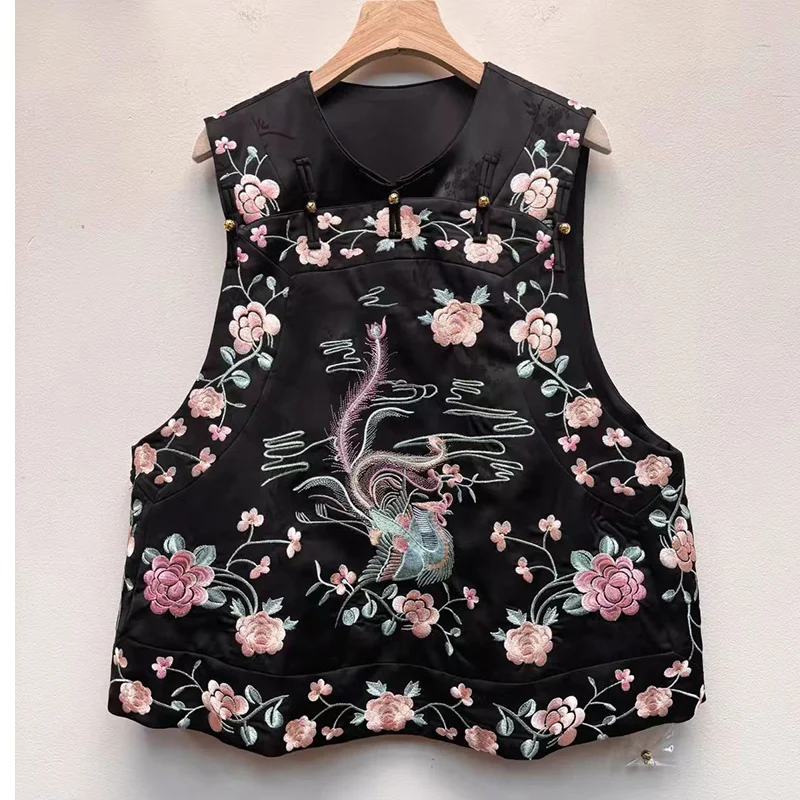 Spring/Summer New Acetate Jacquard Fabric Su Embroidery Phoenix + Peony Embroidery Fashionable and Noble Women's Vest S-XL