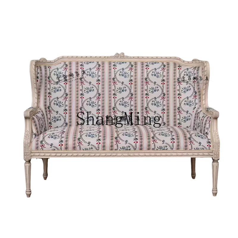 

DHY solid wood retro carved ash wood fabric high back leisure double sofa