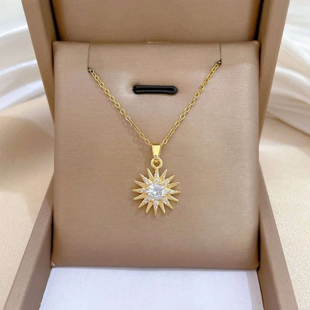 Luxury Shiny Inlay Zircon Sun Sunlight Octagram Star Pendant Necklace for Women Stainless Steel Colorfast Fashion Jewelry Gifts