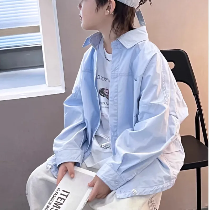 

2025 New Boys Blue Shirt Children's Spring and Autumn Foreign Loose Casual Top Jacket