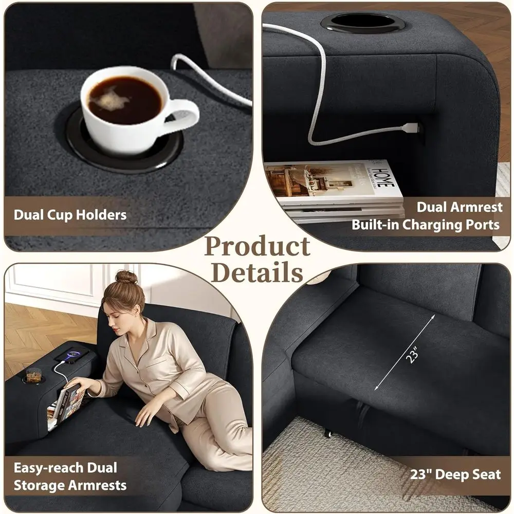 أريكة نوم على شكل حرف L مع سرير قابل للسحب، وأريكة سحابية ذات 6 مقاعد، ومنافذ تخزين ومنفذ USB، ومسند ظهر قابل للتعديل (صوف صديق للبيئة، رمادي)