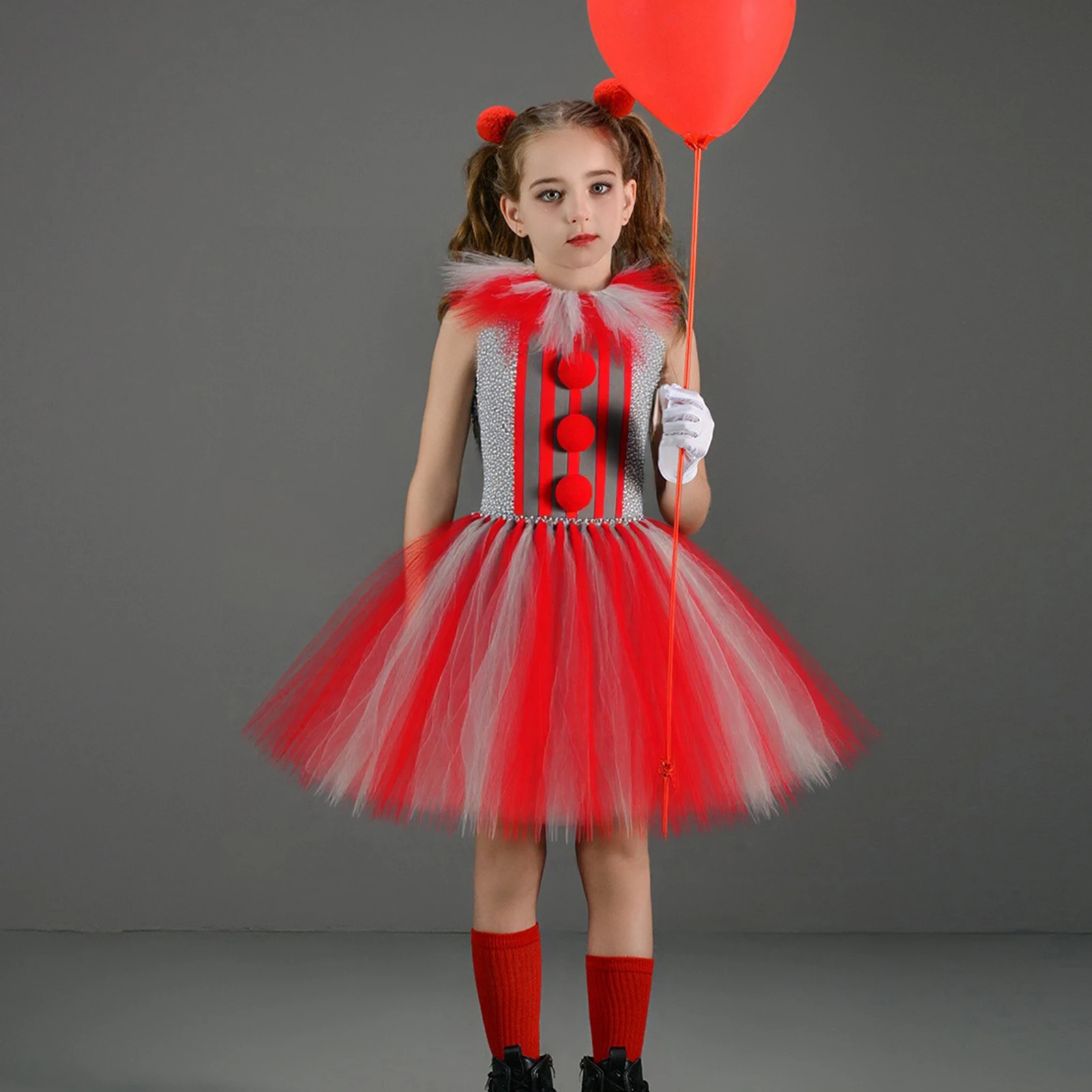 

Детский костюм клоуна для девочек, тюлевое платье без рукавов с заколками для волос, перчатки с воротником, карнавальный костюм на Хэллоуин