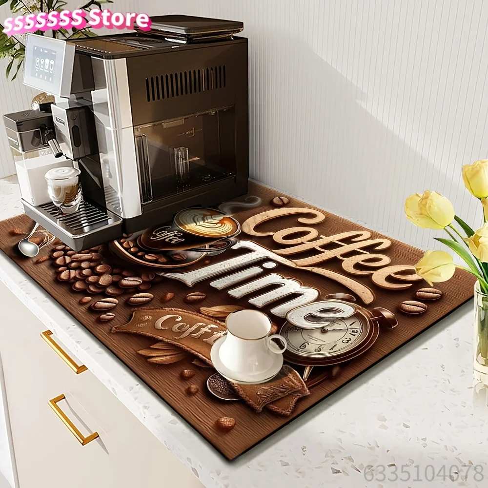 Dish Drying Mat, Coffee Machine Mat, 2D Flat Vintage Coffee Time Themed Tabletop Decorative Mat, Coffee Bar Counter Decorative