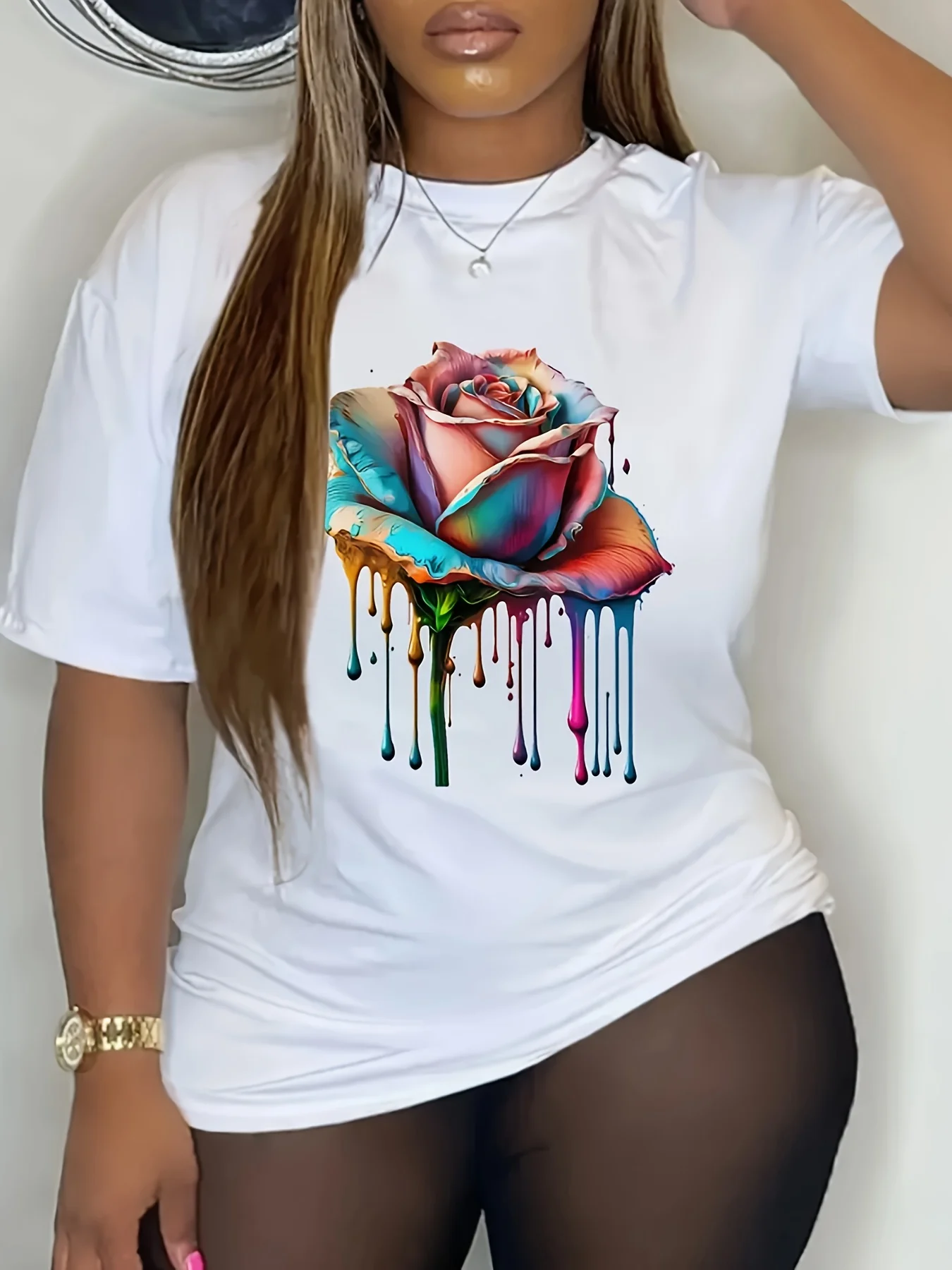 Colorful Drip Rose Women's Tee - Vibrant Artistic Floral Graphic, Stylish Print for Casual Daily Wear