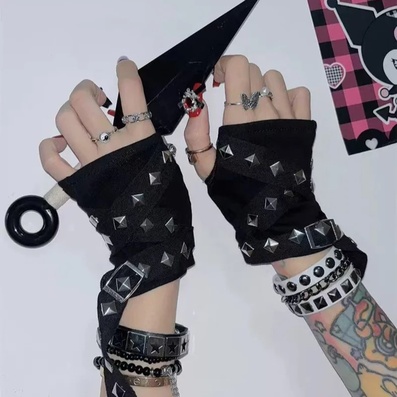 Y2K الألفية الساخن JK الفتيات برشام حزام قفازات الهيب هوب Harajuku أصابع قفازات الشرير القوطية نمط قصيرة الذراع أدفأ الشارع الشهير #4