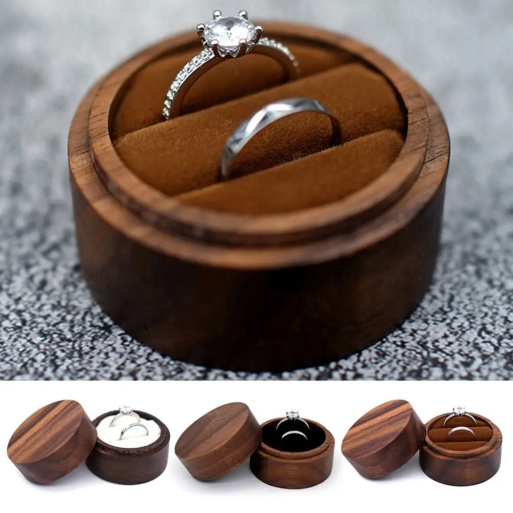 

Round Wooden Ring Box Creative Love Gift Double Slots Jewelry Box Wood Ring Bearer