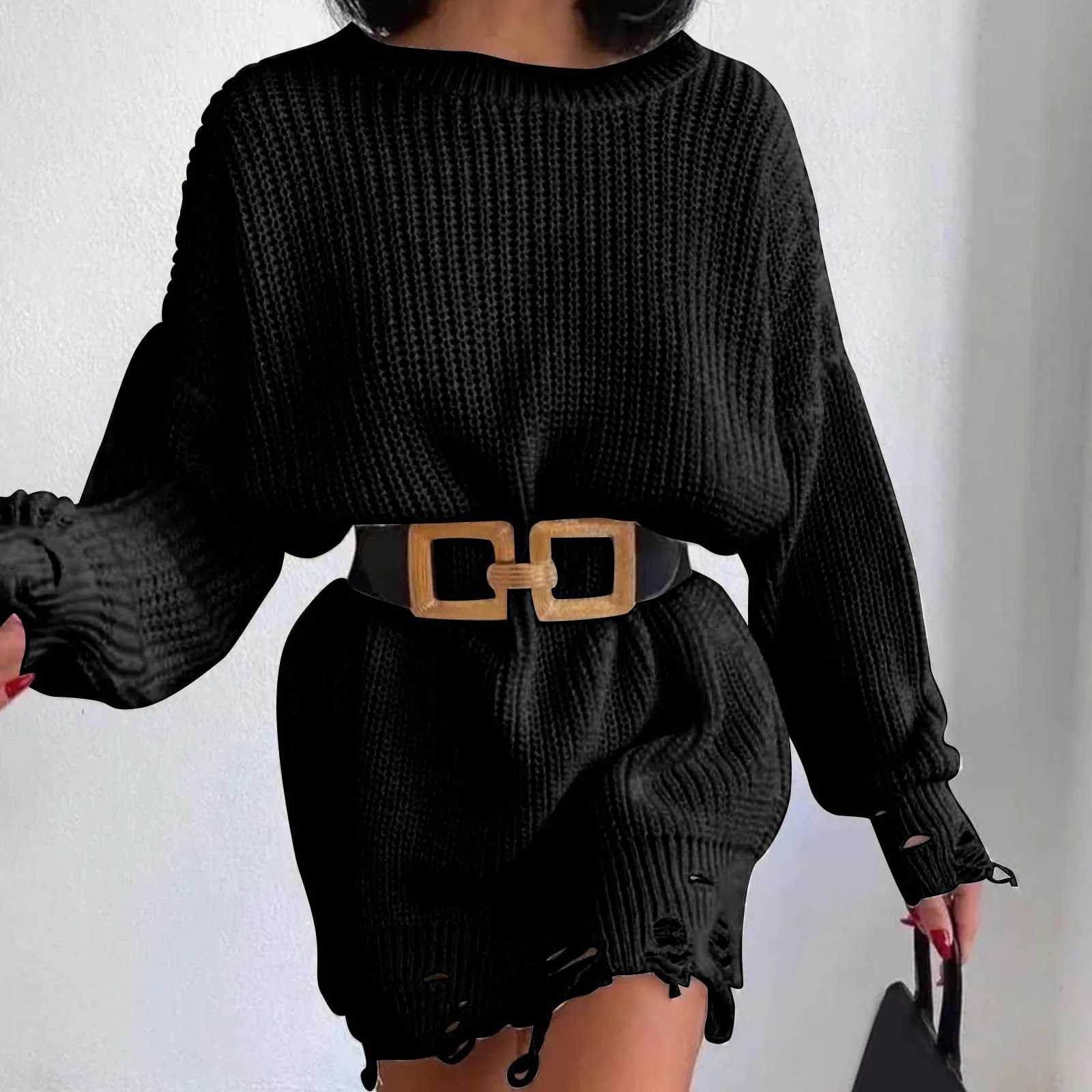 2022 Autumn Women Knitted Pullover Dress Elegant Solid Office Lady Mini Dress Fashion Hem Ripped Warm Winter Sweater Dresses