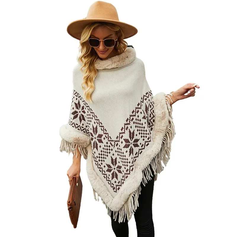 

Autumn Winter New European American Capes Shawl Imitation Wool Collar Nail Bead Tassel Sweater Ponchos Women Cape White Cloak