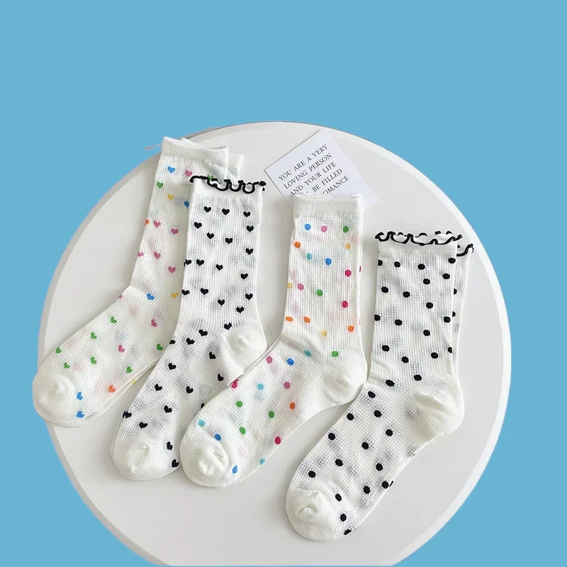 Chaussettes à pois multicolores pour femmes, fines, creuses, respirantes, blanches, douces, à volants, de haute qualité, 5 paires