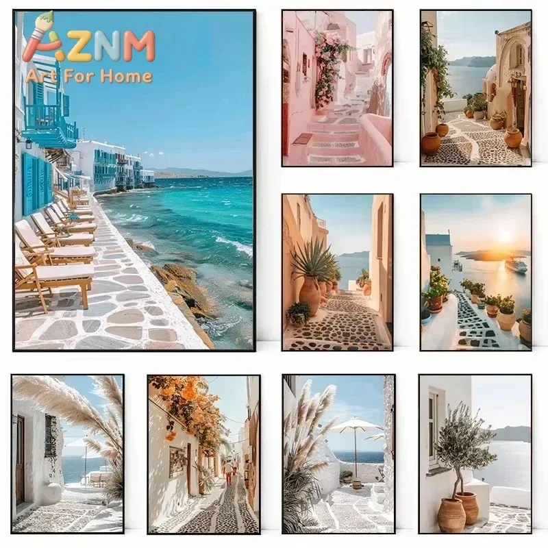 Scandinavian Modern Coastal Santorini Island Landscape Poster Summer Greece Travel Canvas Print Home Living Room Bedroom Decor
