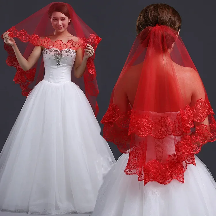 Véus de noiva com véu vermelho de renda e acessórios de casamento