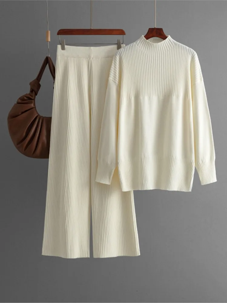 

Autumn Winter Knit Sets Women Loose Knitting Sweater Tops High Waist Wide Legs Long Pants Two Piece Set Conjuntos De Pantalones