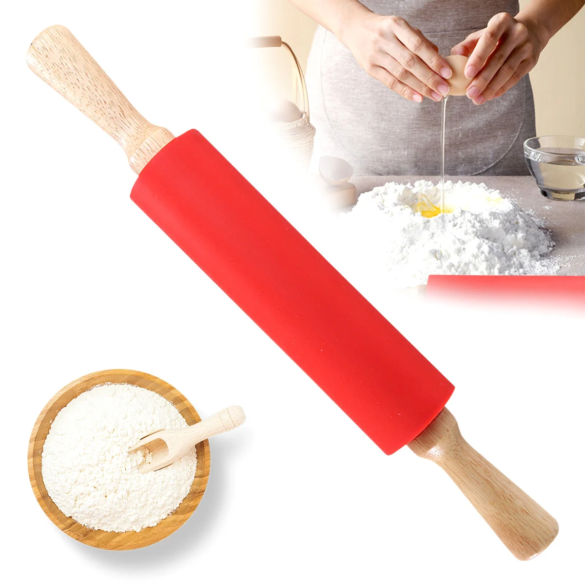 

Non-Stick Silicone Rolling Pin Wooden Handle Pastry Dough Flour Roller Kitchen Cooking Baking Tool For Pasta Cookie Dough