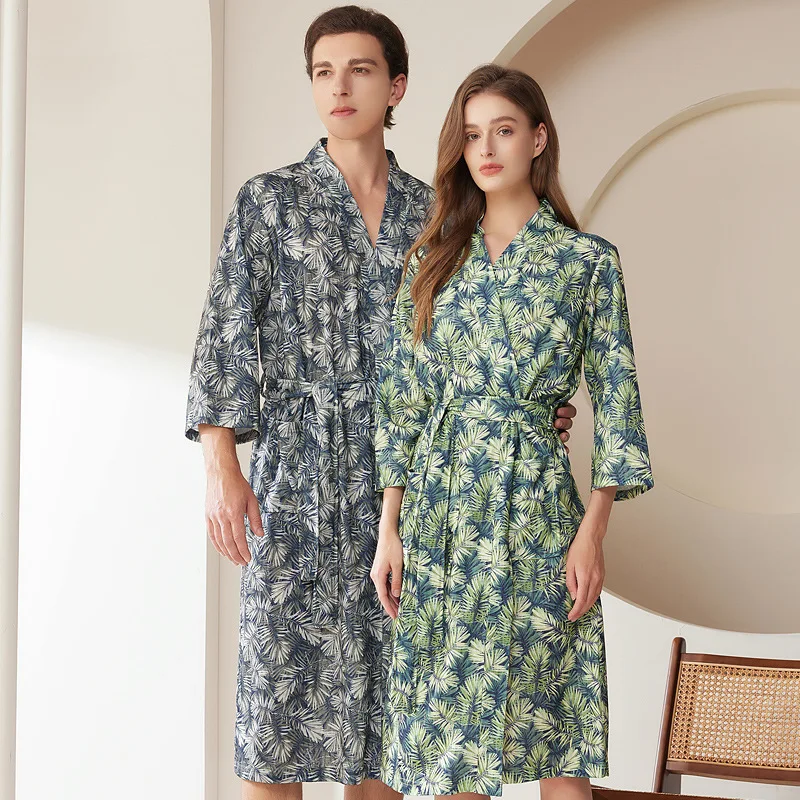 Print Waffle Bathrobe Men Women Summer Thin Robe Shower Plaid Dressing Gown Knee Length Breathable Nightgown Home Cloth