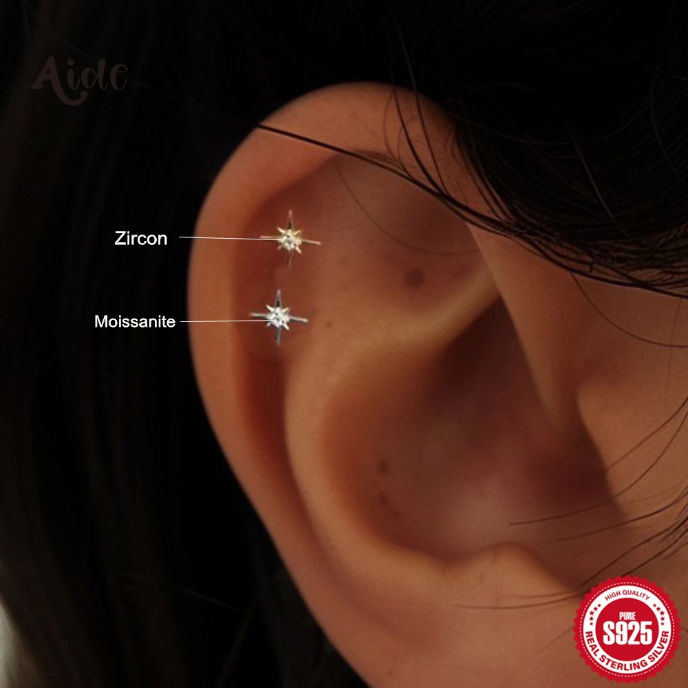 Aide 925 Sterling Silver Shiny Star Zircon/Moissanite Heart Flat Back Piercing Earring for Women Internal Thread Ear Bone Studs