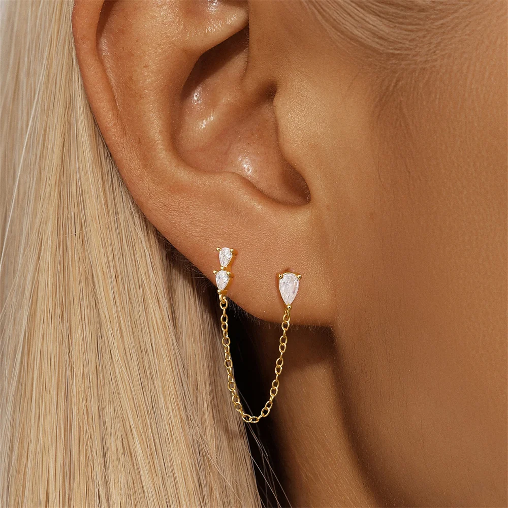 LENNIK S925 Silver Women Stud Earring Single gold fashionable water droplet splicing tassel zircon earring nieuw in oorbellen