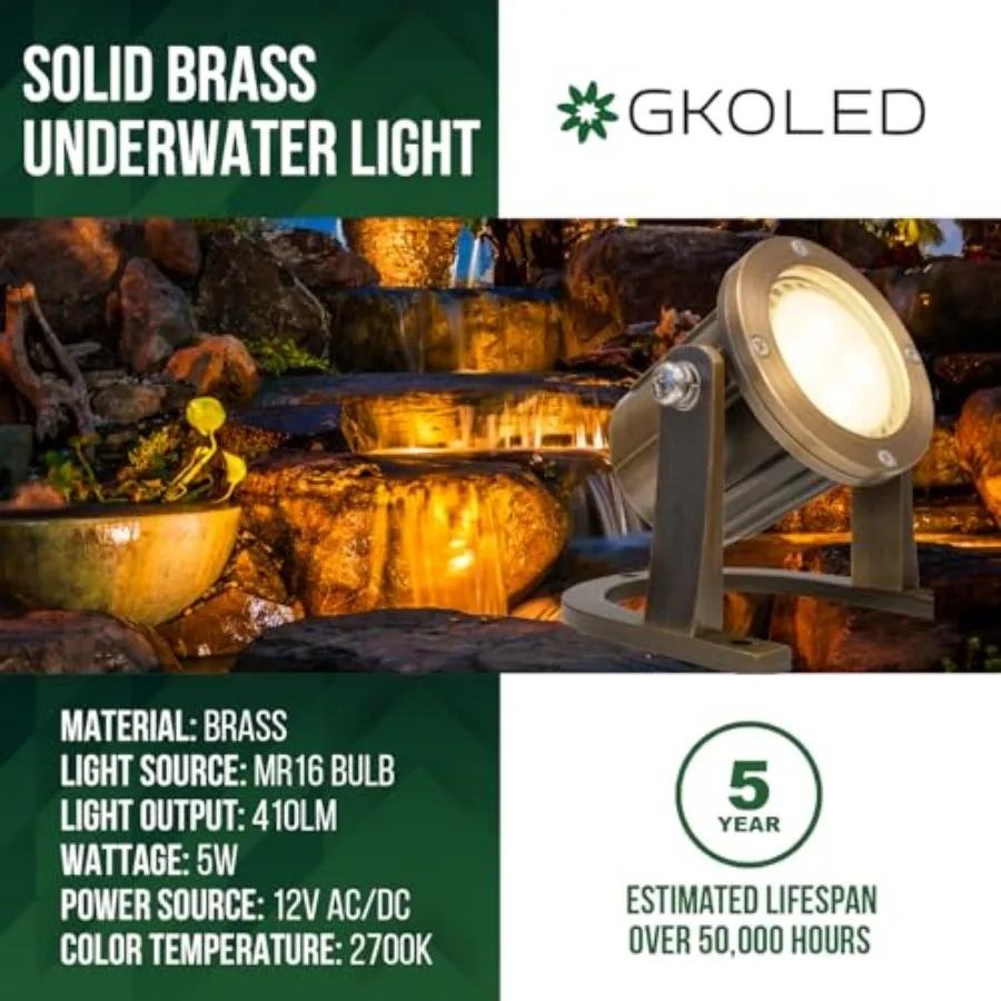 Solid Brass Underwater Light Low Voltage LED Pond Lights Submersible Fountain Lighting with 5W 2700K 410LM MR16 Bulb 9-15V AC/D