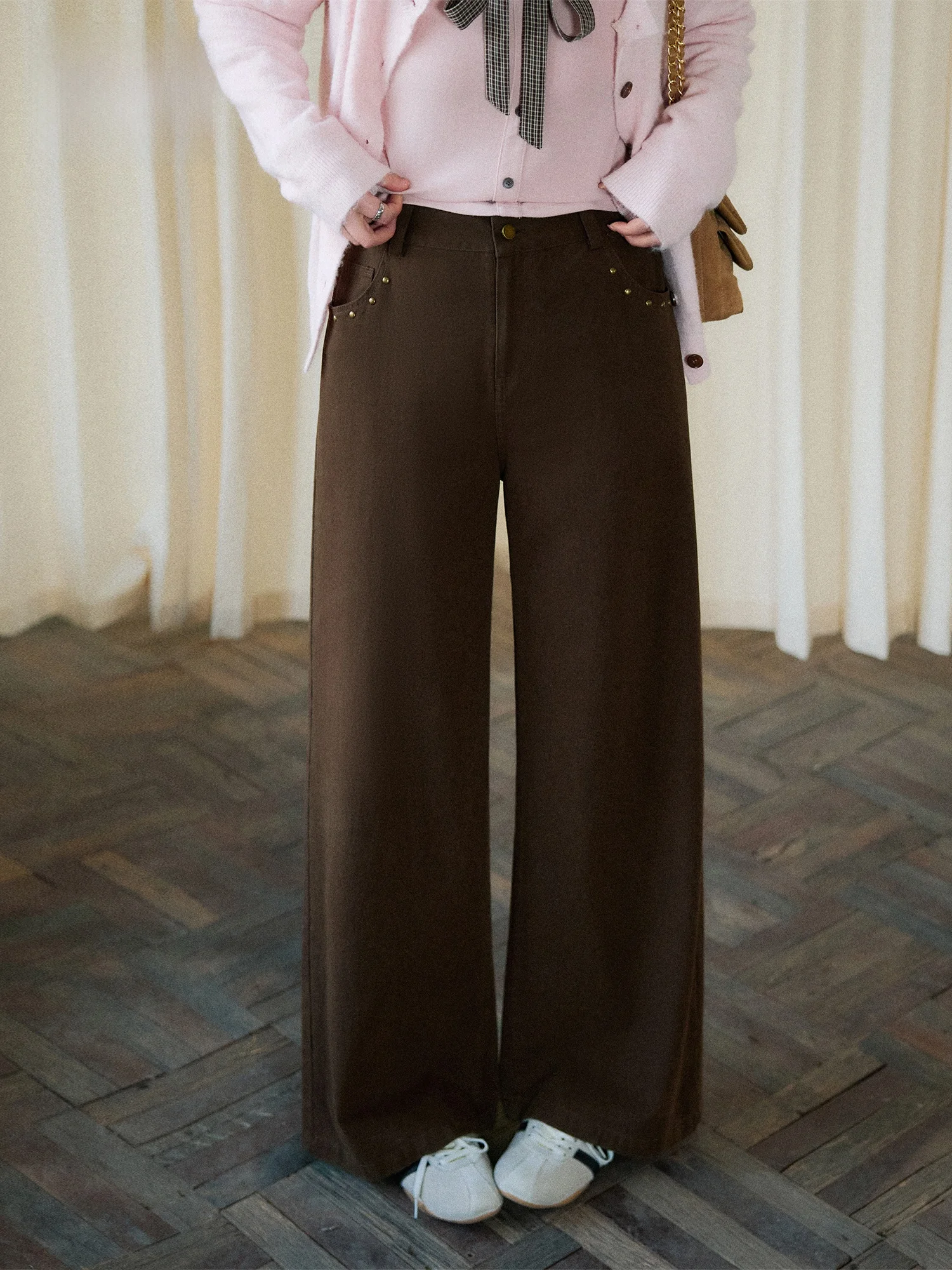 

Винтажные брюки с высокой талией и широкими штанинами, прямого кроя, с заклепками, больших размеров, женские, модные, весенние, темно-коричневые