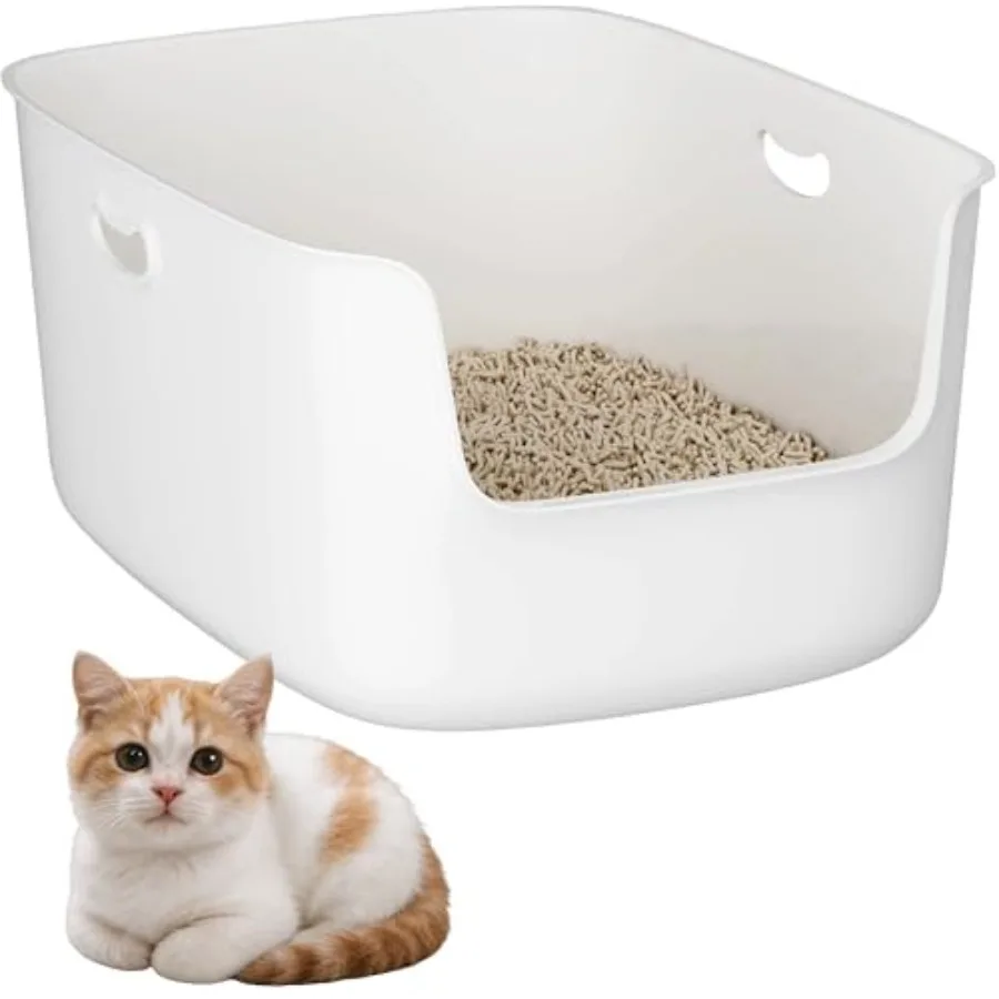 

Low Entry High Sided Plastic White Cat Litter Box 22.8x15x8.66 Inch with Splash Guard - One-Piece Smooth Interior Easy Clean fo
