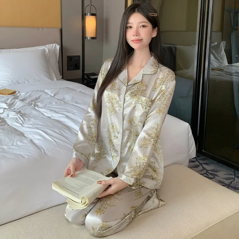 

Vintage Ink Painting Pajamas for Women Long Sleeve Top & Elastic Waist Pants Pajamas Set Fashion Casual Autumn Winter Homewear