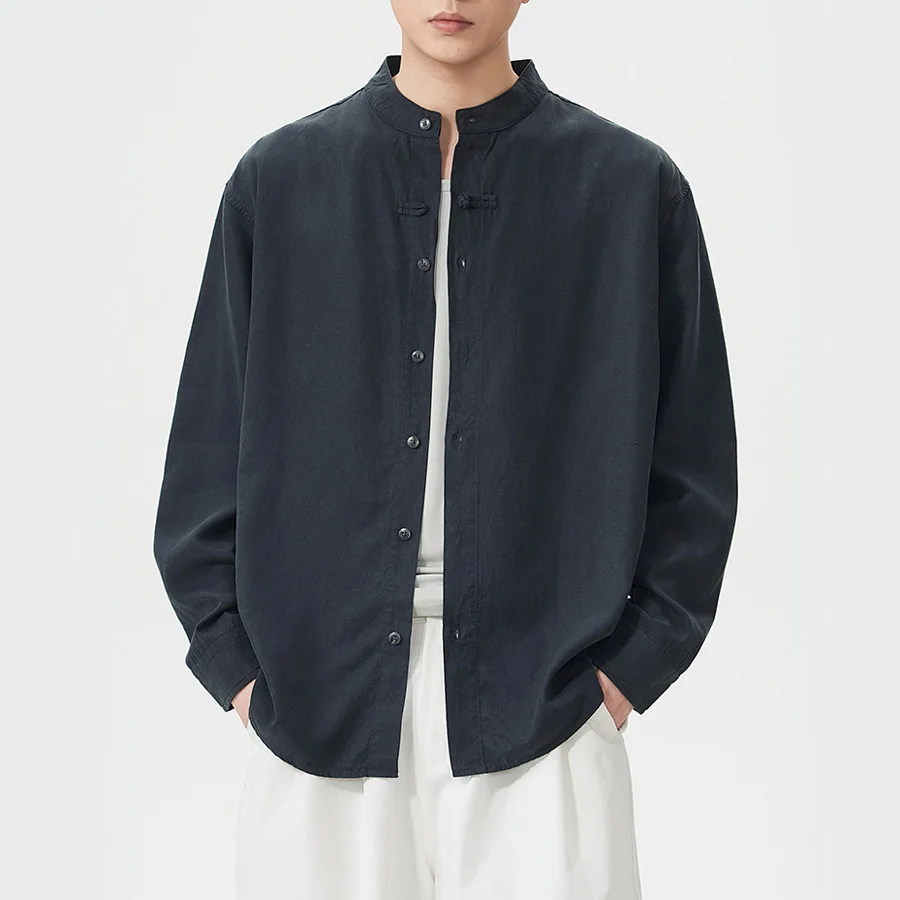 China Style Vintage Fashion Stand Collar Shirt Men Spring Summer Long Sleeve Loose Casual Shirts Commute Clothes